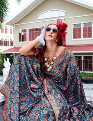 maroon Ajarakh Print Assami Silk Saree With Unstitched Blouse 4