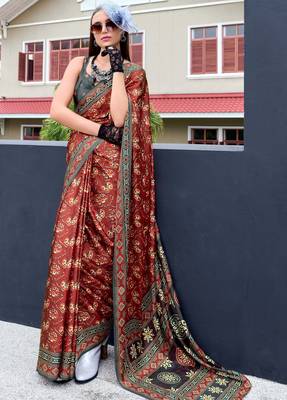 dark grey Ajarakh Print Assami Silk Saree With Unstitched Blouse 1