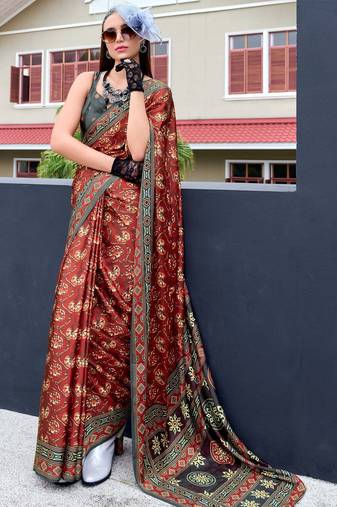 dark grey Ajarakh Print Assami Silk Saree With Unstitched Blouse