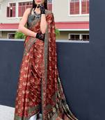 dark grey Ajarakh Print Assami Silk Saree With Unstitched Blouse