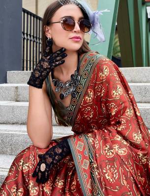 dark grey Ajarakh Print Assami Silk Saree With Unstitched Blouse 2