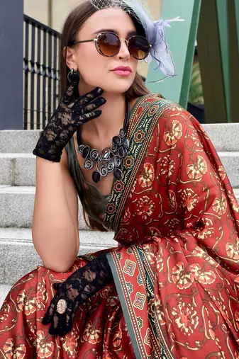 dark grey Ajarakh Print Assami Silk Saree With Unstitched Blouse
