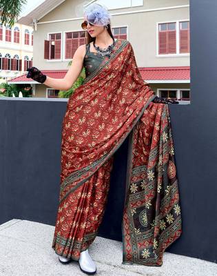 dark grey Ajarakh Print Assami Silk Saree With Unstitched Blouse 3