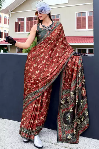 dark grey Ajarakh Print Assami Silk Saree With Unstitched Blouse