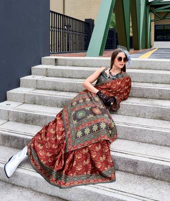 dark grey Ajarakh Print Assami Silk Saree With Unstitched Blouse 4