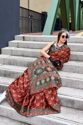 dark grey Ajarakh Print Assami Silk Saree With Unstitched Blouse