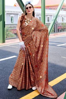 red Ajarakh Print Assami Silk Saree With Unstitched Blouse 1