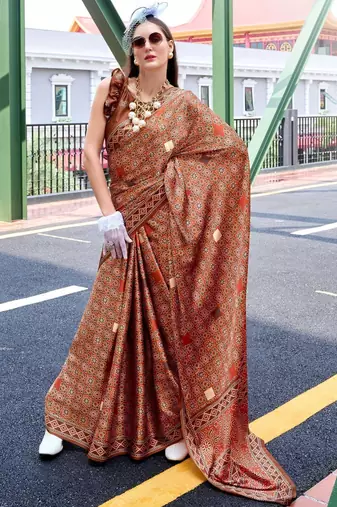 red Ajarakh Print Assami Silk Saree With Unstitched Blouse