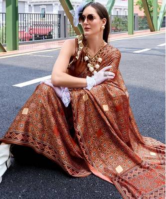 red Ajarakh Print Assami Silk Saree With Unstitched Blouse 2