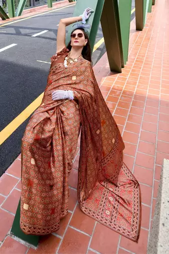 red Ajarakh Print Assami Silk Saree With Unstitched Blouse