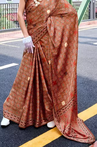 red Ajarakh Print Assami Silk Saree With Unstitched Blouse
