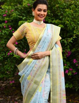  lemon Kantha work Digital Print Zari Cotton linen Saree 3