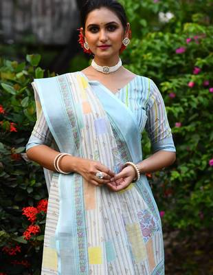 sky blue Kantha work Digital Print Zari Cotton linen Saree 3