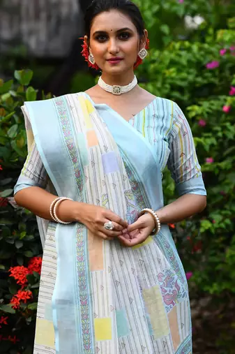  sky blue Kantha work Digital Print Zari Cotton linen Saree