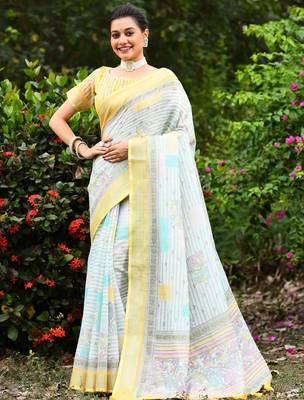  lemon Kantha work Digital Print Zari Cotton linen Saree 4