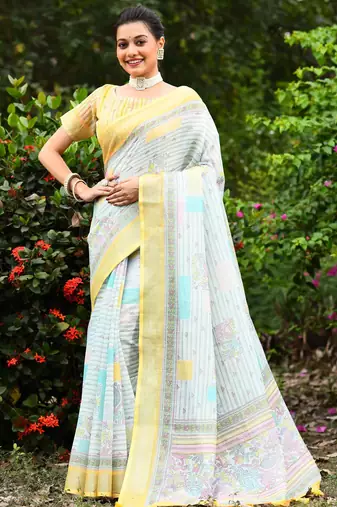  lemon Kantha work Digital Print Zari Cotton linen Saree
