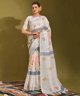 Floral digital print zari cotton lilen  saree with multicolored cotton tussle at pallu 2