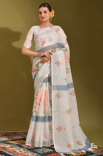 Floral digital print zari cotton lilen  saree with multicolored cotton tussle at pallu