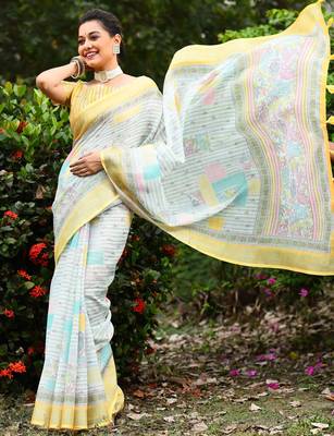  lemon Kantha work Digital Print Zari Cotton linen Saree 5
