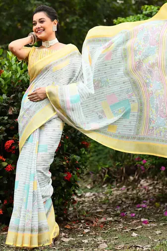  lemon Kantha work Digital Print Zari Cotton linen Saree