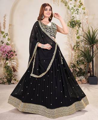 black Embellished Sequinned Lehenga with Unstitched Blouse and Dupatta 1