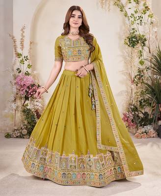 lime Embellished Sequinned Lehenga with Unstitched Blouse and Dupatta 1