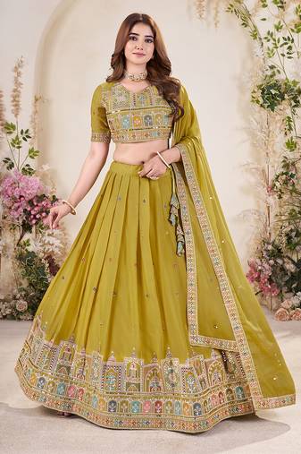 lime Embellished Sequinned Lehenga with Unstitched Blouse and Dupatta