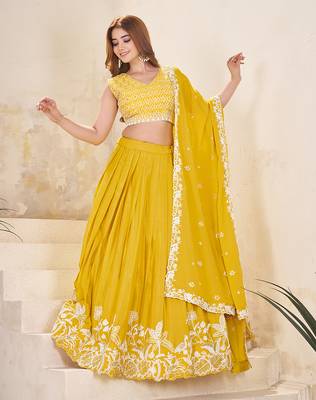 yellow Embellished Sequinned Lehenga with Unstitched Blouse and Dupatta 3
