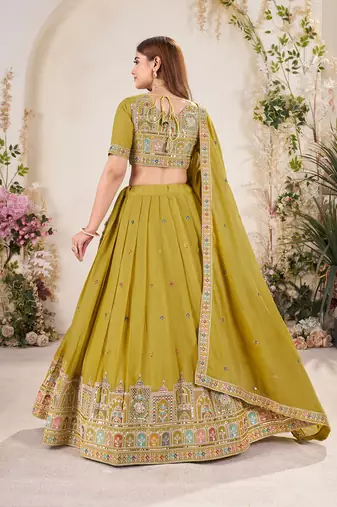 lime Embellished Sequinned Lehenga with Unstitched Blouse and Dupatta