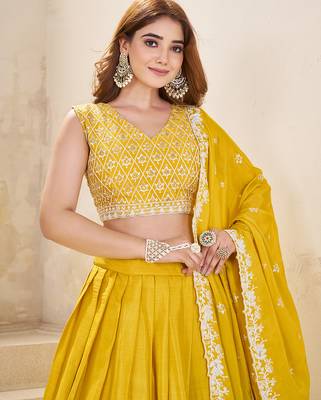 yellow Embellished Sequinned Lehenga with Unstitched Blouse and Dupatta 4