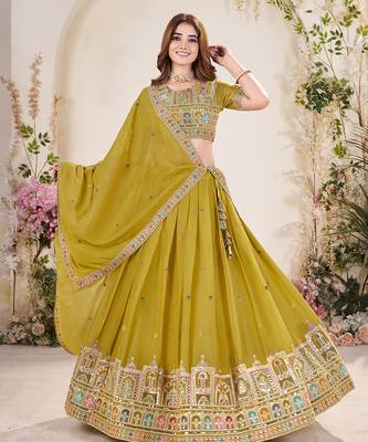 lime Embellished Sequinned Lehenga with Unstitched Blouse and Dupatta 3