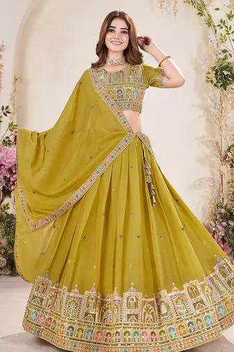 lime Embellished Sequinned Lehenga with Unstitched Blouse and Dupatta