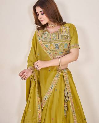 lime Embellished Sequinned Lehenga with Unstitched Blouse and Dupatta 4