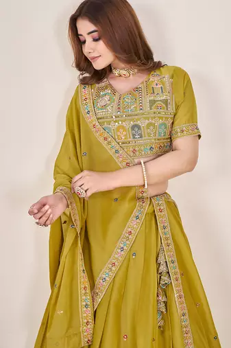 lime Embellished Sequinned Lehenga with Unstitched Blouse and Dupatta
