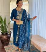 Beautiful Embroidery Work with Rayon Fabric Straight Kurta, Pant and Dupatta Set