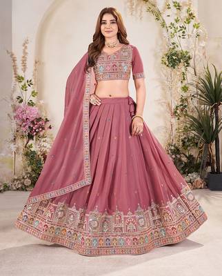 pink Embellished Sequinned Lehenga with Unstitched Blouse and Dupatta 1