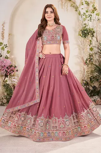 pink Embellished Sequinned Lehenga with Unstitched Blouse and Dupatta
