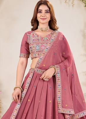 pink Embellished Sequinned Lehenga with Unstitched Blouse and Dupatta 3