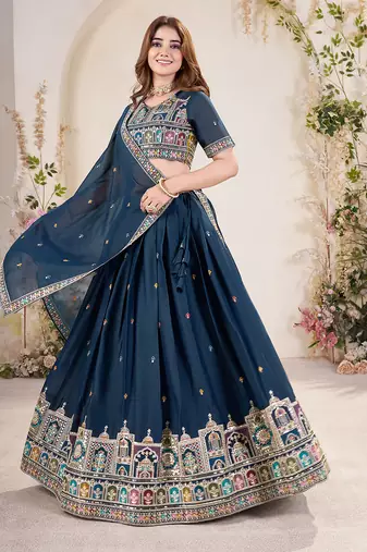 Blue Silk Embroidered Lehenga Choli