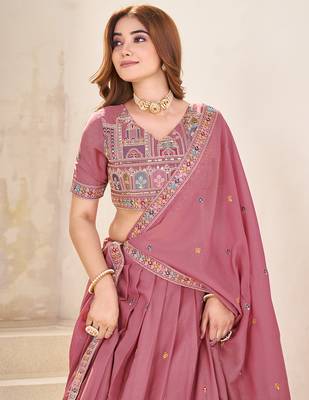 pink Embellished Sequinned Lehenga with Unstitched Blouse and Dupatta 4