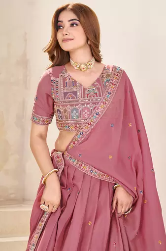 pink Embellished Sequinned Lehenga with Unstitched Blouse and Dupatta