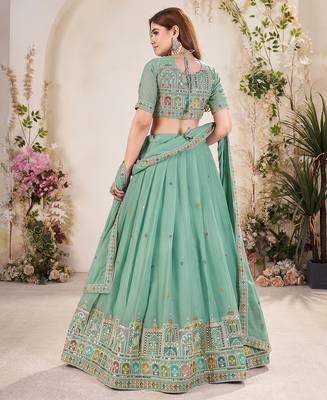 sea green Embellished Sequinned Lehenga with Unstitched Blouse and Dupatta 2