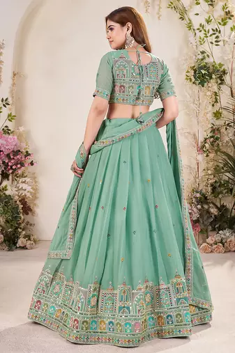 sea green Embellished Sequinned Lehenga with Unstitched Blouse and Dupatta