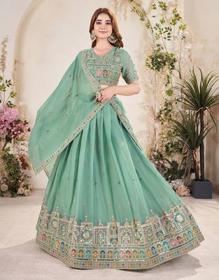 sea green Embellished Sequinned Lehenga with Unstitched Blouse and Dupatta 3