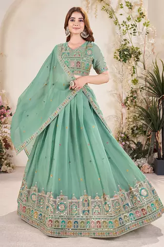 sea green Embellished Sequinned Lehenga with Unstitched Blouse and Dupatta