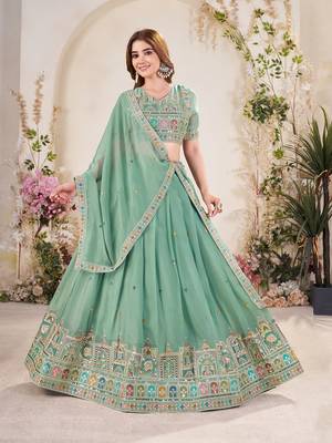 sea green Embellished Sequinned Lehenga with Unstitched Blouse and Dupatta 4