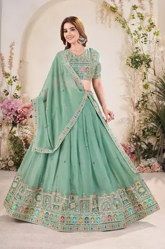 sea green Embellished Sequinned Lehenga with Unstitched Blouse and Dupatta