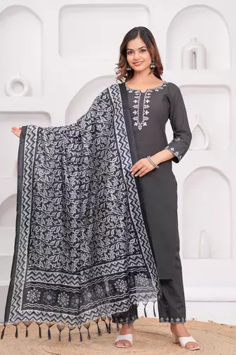 Dark Grey Embroidered Cotton Suit Set