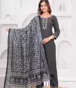 Dark Grey Embroidered Cotton Suit Set