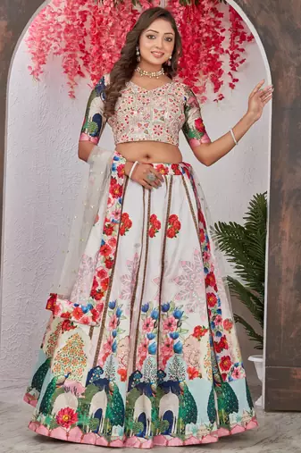 multicolor digital printed Madonna Silk lehenga choli